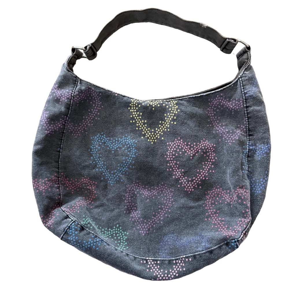 Y2K Black Heart-Print Denim Style Hobo Bag